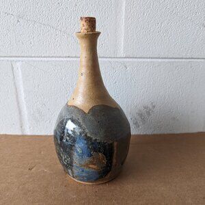 Studio Art Stoneware Pottery Genie Bottleneck with Cork Earth Tone Vase Signed
